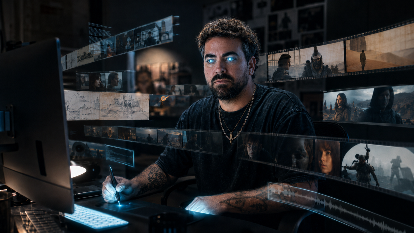 Eyal Berger surrounded by cinematic frames in a stylized editing studio